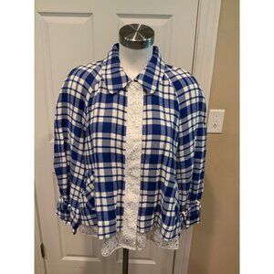 Lewit Blue & White Plaid Zip-Up W/ White Eyelet Trim Jacket, Size M